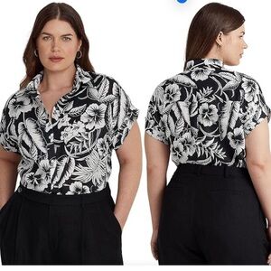 Lauren Ralph Lauren Plus Size Floral Linen Short Sleeve Shirt (Black/White) 3X